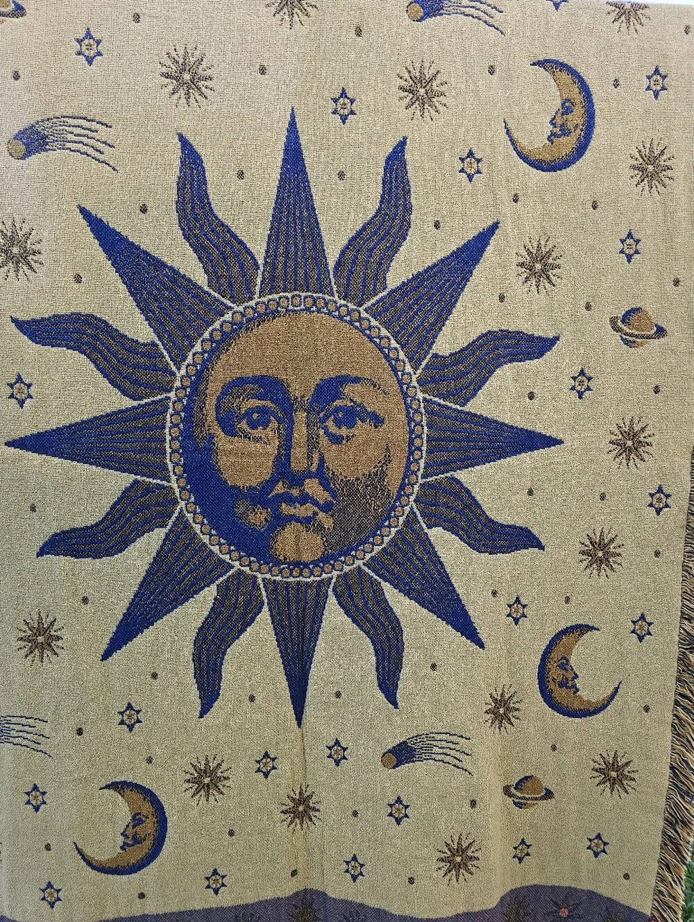 Vintage Sun & Stars Woven Tapestry Throw Blanket 90s Reversible